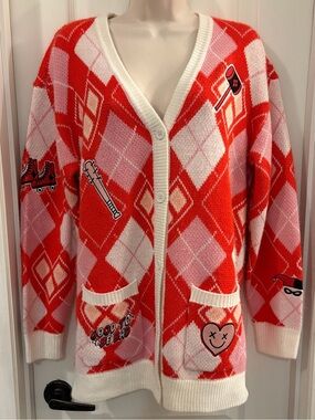 Harley Quinn SOLD OUT Red & Pink Argyle Patch Cardigan Sweater EUC